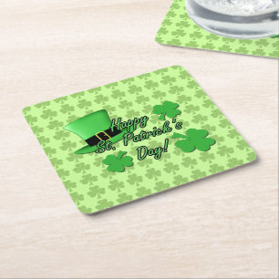 Leuke groene hoed met klavertjes Patricks Dag Vierkante Kartonnen Onderzetter