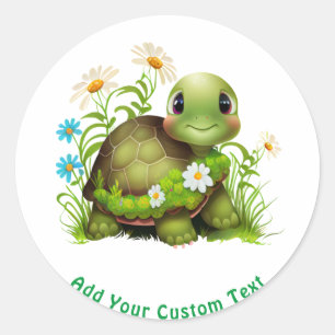 Leuke groene schildpad bloemige aangepaste tekst ronde sticker
