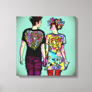 Leuke Grunge Punk Rock Paar Holding Handen AI Art Canvas Afdruk