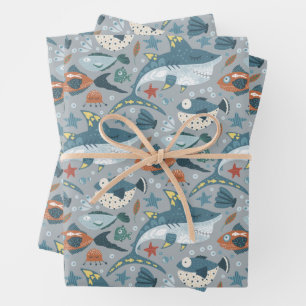 Leuke haai onder het Zee Fish Kids Verjaardag Inpakpapier Vel