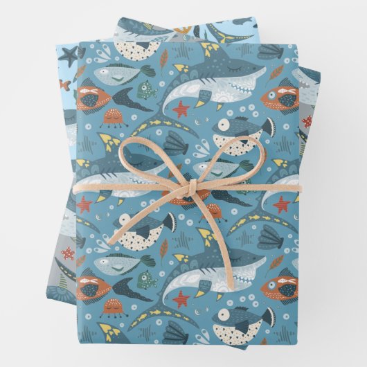 Leuke haaien blauw groen grijs verjaardag baby jon inpakpapier vel (In situ)