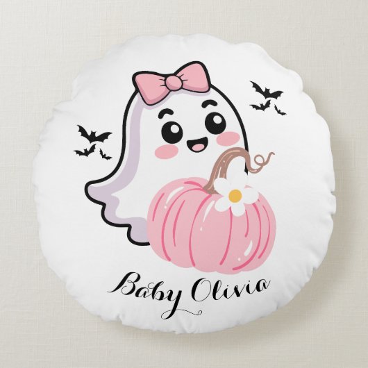 Leuke Halloween deken, Ghost Pink Bow pompoen Rond Kussen (Voorkant)