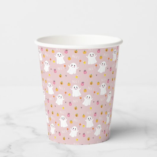 Leuke Halloween Ghost Pattern Roze Papier Cup Papieren Bekers (Achterkant)