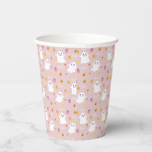 Leuke Halloween Ghost Pattern Roze Papier Cup Papieren Bekers (Rechts)