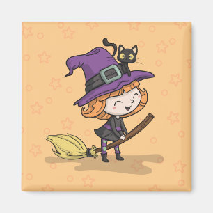 Leuke Halloween Heks en Kat Magneet