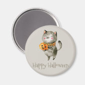 Leuke Halloween Kat met Pompoen | Magneet (Voorkant / Achterkant)