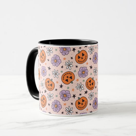Leuke Halloween pompoenen en bloemen patroon Mok (Voorkant links)