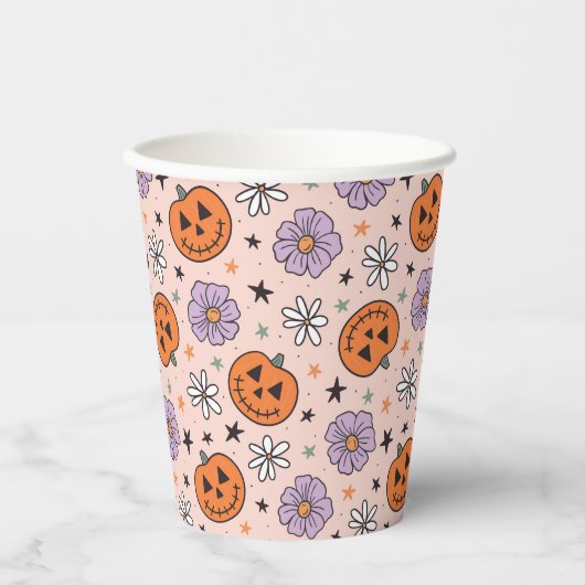 Leuke Halloween pompoenen en bloemen patroon Papieren Bekers (Voorkant)