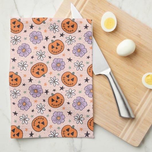 Leuke Halloween pompoenen en bloemen patroon Theedoek (Quarter Fold)