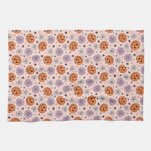 Leuke Halloween pompoenen en bloemen patroon Theedoek (Horizontaal)