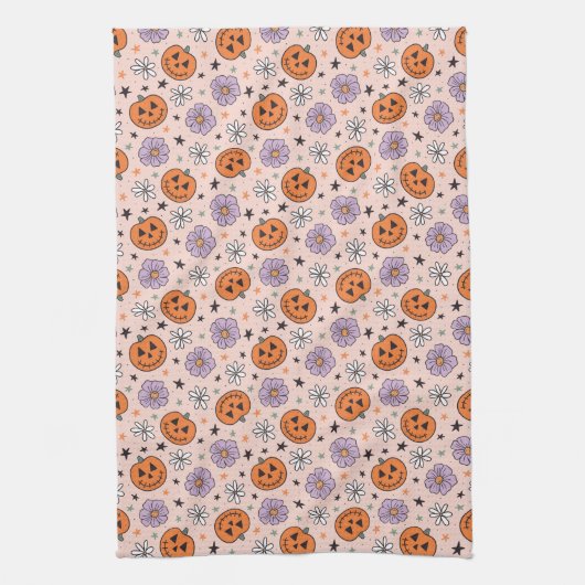 Leuke Halloween pompoenen en bloemen patroon Theedoek (Verticaal)