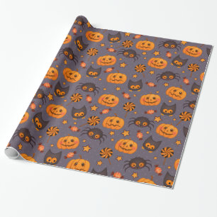 Leuke Halloween Pumpkins Patroon Paarse achtergron Cadeaupapier