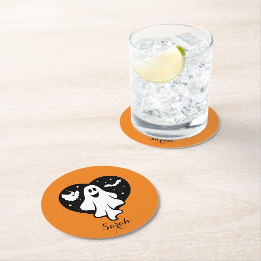 Leuke Halloween spook met hart en vleermuis Ronde Kartonnen Onderzetter (Insitu)