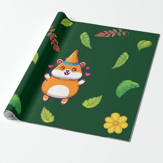 Leuke Hamster Botanical Theme Kind's Verjaardagsfe Cadeaupapier (Uitgerold)