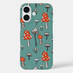 Leuke, handgetekende champignons op een felblauwe iPhone 16 hoesje
