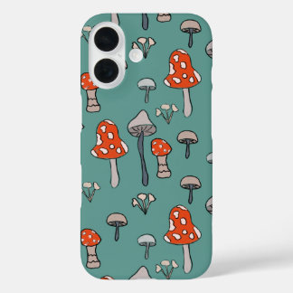 Leuke, handgetekende champignons op een felblauwe  iPhone 16 hoesje