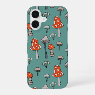 Leuke, handgetekende champignons op een felblauwe iPhone 16 hoesje