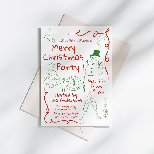 Leuke handgetekende kerstfeest uitnodiging