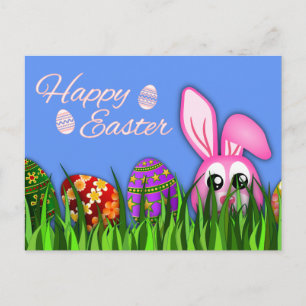Leuke Happy Easter Bunny en Eggs in Grass Briefkaa Feestdagenkaart