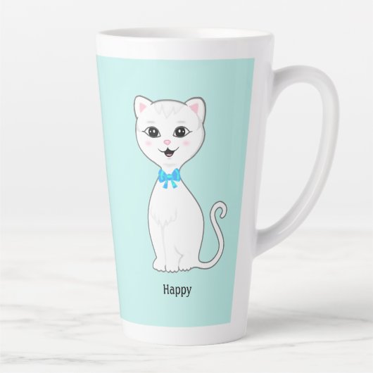 Leuke Happy White Cat op Lichtblauw Latte Mok (Rechts)