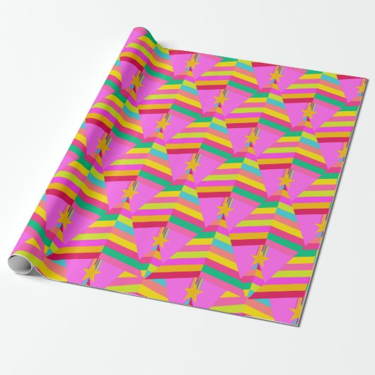 Leuke Heldere Gestreepte Kerstbomen op Fuchsia Pin Cadeaupapier (Uitgerold)