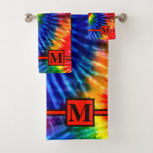 Leuke Heldere Regenboog Retro Tie Dye Rood Monogra Bad Handdoek
