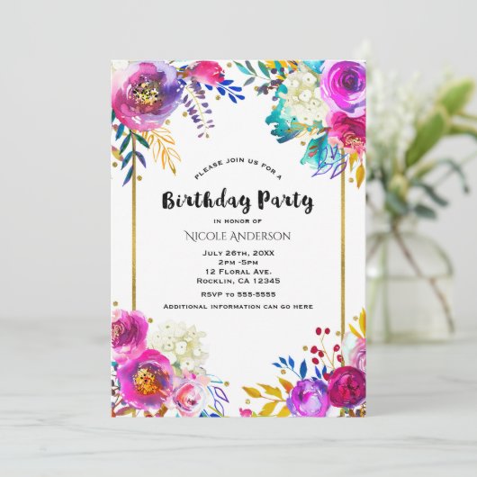 Leuke heldere, sterke waterverf bloemen verjaardag kaart (Staand voorkant)