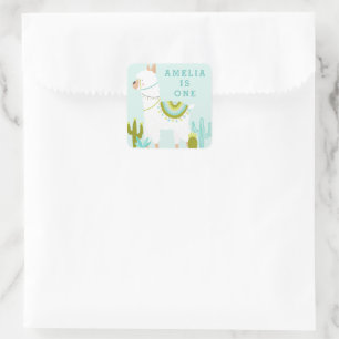 Leuke hele Llama Fun Aqua 1e Verjaardag Favor Vierkante Sticker