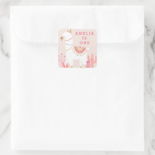 Leuke hele Llama Leuk Roze 1e Verjaardag Favor Vierkante Sticker