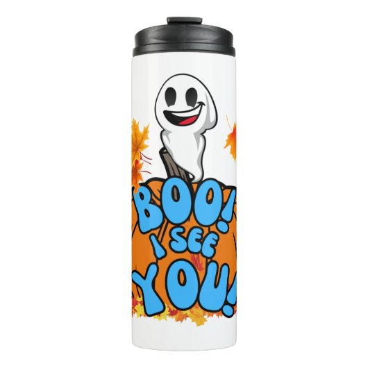 Leuke Herfst Halloween spook Boo! Ik zie je! Stick Thermosbeker (Voorkant)