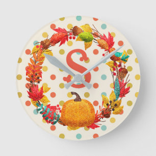 Leuke herfst pompoen krans polka dot blauwgroen si ronde klok