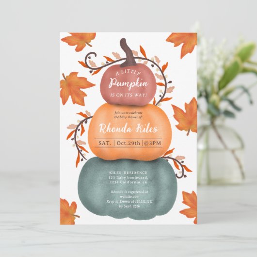 Leuke herfst sinaasappel blauw pompoenen baby show kaart (Staand voorkant)