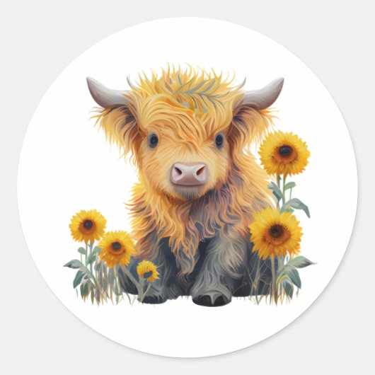 Leuke Highland Koe Geel Zonnebloem Ronde Sticker (Voorkant)