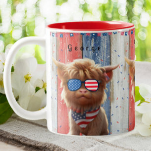 Leuke Highland Koe Patriottische USA Flag Zonnebri Tweekleurige Koffiemok