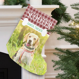 Leuke hond rode kariert foto naam gepersonaliseerd kleine kerstsok