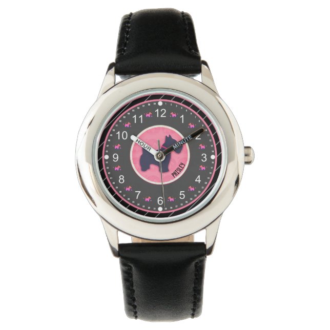 Leuke hond roze zwart aangepaste naam horloge (Voorkant)