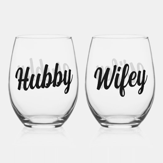 Leuke Hubby + Wifey Script Bruiloft Passen getrouw Wijnglas Zonder Voet (Voorkant)