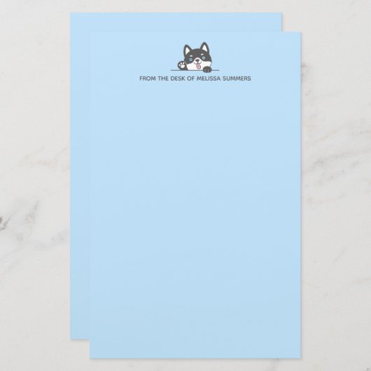 Leuke Husky Dog Blauwe Aangepaste Tekst Briefpapier (Voorkant / Achterkant)