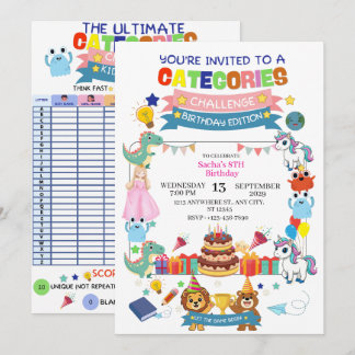 Leuke interactieve "Categorieën Uitdaging" Verjaar Kaart