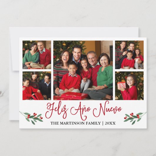 Leuke kalligrafie Feliz Ano Nuevo 5 Foto Rood Feestdagenkaart (Voorkant)