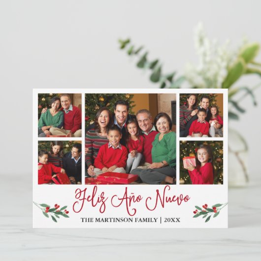 Leuke kalligrafie Feliz Ano Nuevo 5 Foto Rood Feestdagenkaart (Staand voorkant)