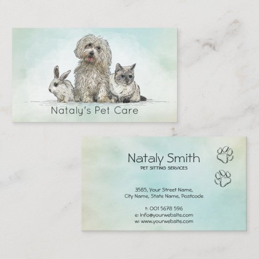 Leuke kat, hond en konijn illustratie visitekaartje (Voorkant / Achterkant)
