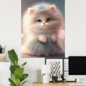 Leuke Kat in Blauw Jurk Art Nursery Poster (Thuiskantoor)