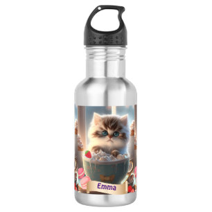 Leuke kat in een Cup Gepersonaliseerde Naam Kinder Waterfles