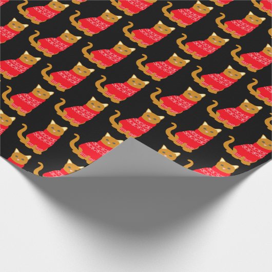 Leuke Kat in Kerstmisjumper Rood Zwart Patroon Cadeaupapier (Hoek)