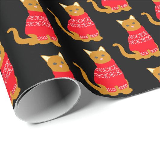 Leuke Kat in Kerstmisjumper Rood Zwart Patroon Cadeaupapier (Rol Hoek)