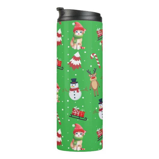 Leuke kat kat Kerstman sneeuwman Sled Xmas tree Thermosbeker (Geroteerd rechts)
