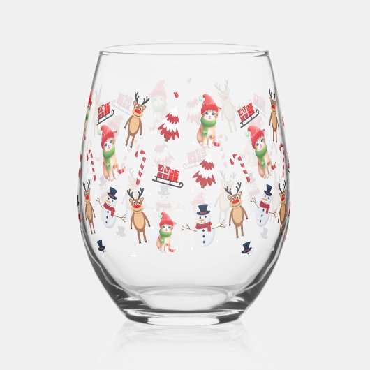 Leuke kat kat Kerstman sneeuwman Sled Xmas tree Wijnglas Zonder Voet (Voorkant)