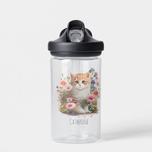 Leuke kat kitten bloemige Waterverf gepersonalisee Waterfles (Voorkant)