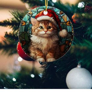 Leuke Kat met Santa Pet Glas in lood Kerst Keramisch Ornament